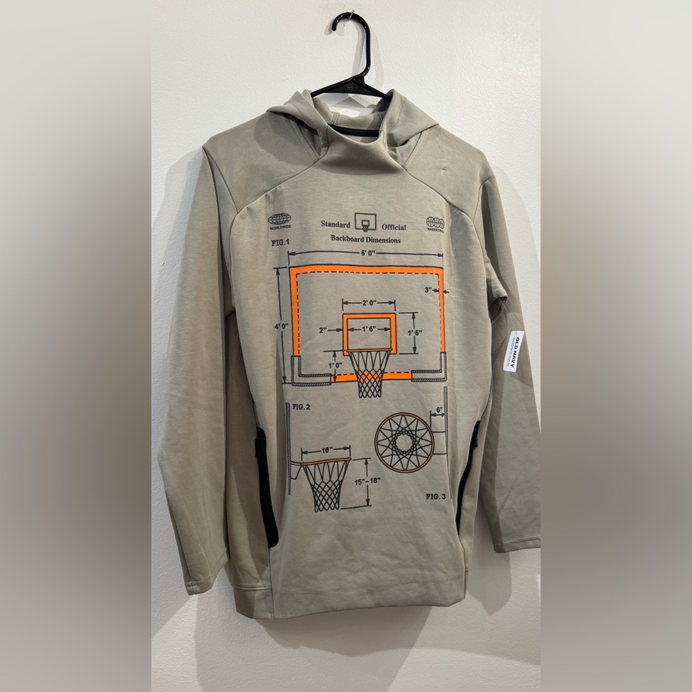 Old navy kids Taupe Hoodie with Orange Basketball Graphic NWT XXL